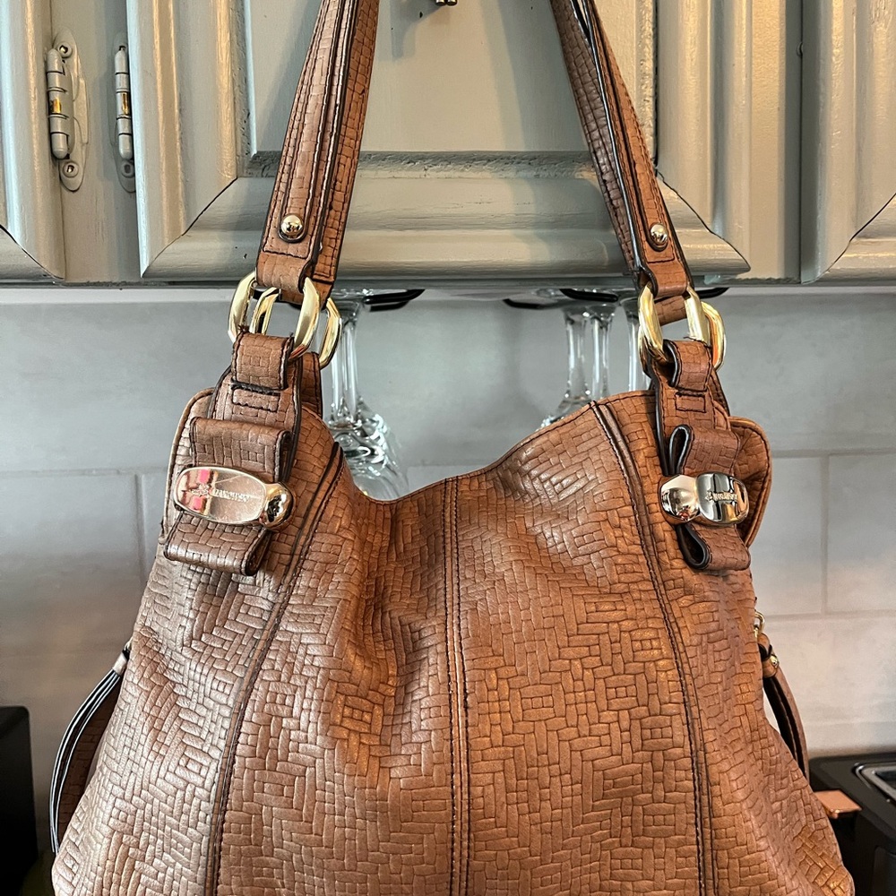 B. Makowsky Khaki Woven Design Leather  Shoulder Purse/Bag